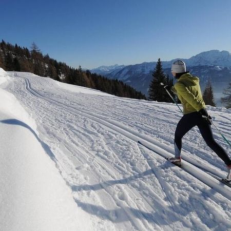 Holidaymakers on a snow-covered slope, surrounded by a wintry landscape.